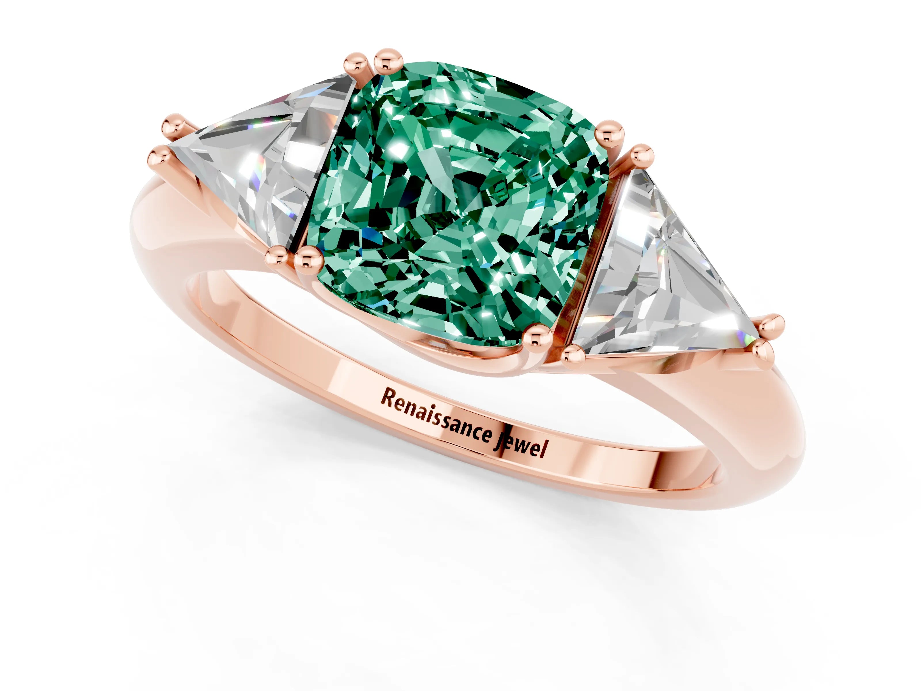 Rose gold Three-Stone Cushion Cut Cut Diamond Ring with Trillion Side Stones and Four-Prong Setting_1