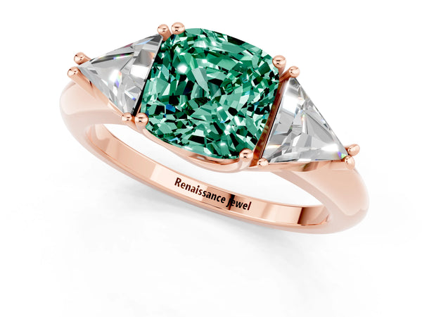 Rose gold Three-Stone Cushion Cut Green Sapphire Engagement Ring with Trillion Side Stones and Prong Setting