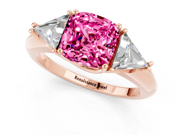 Rose gold Three-Stone Cushion Cut Cut Diamond Ring with Trillion Side Stones and Four-Prong Setting