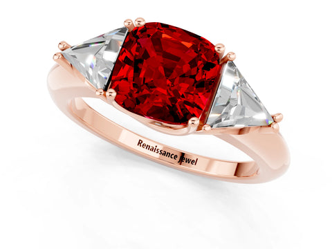 Rose gold Three-Stone Cushion Cut Cut Diamond Ring with Trillion Side Stones and Four-Prong Setting_1