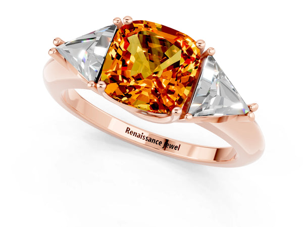 Rose gold Three-Stone Cushion Cut Citrine Engagement Ring with Trillion Side Stones and Prong Setting