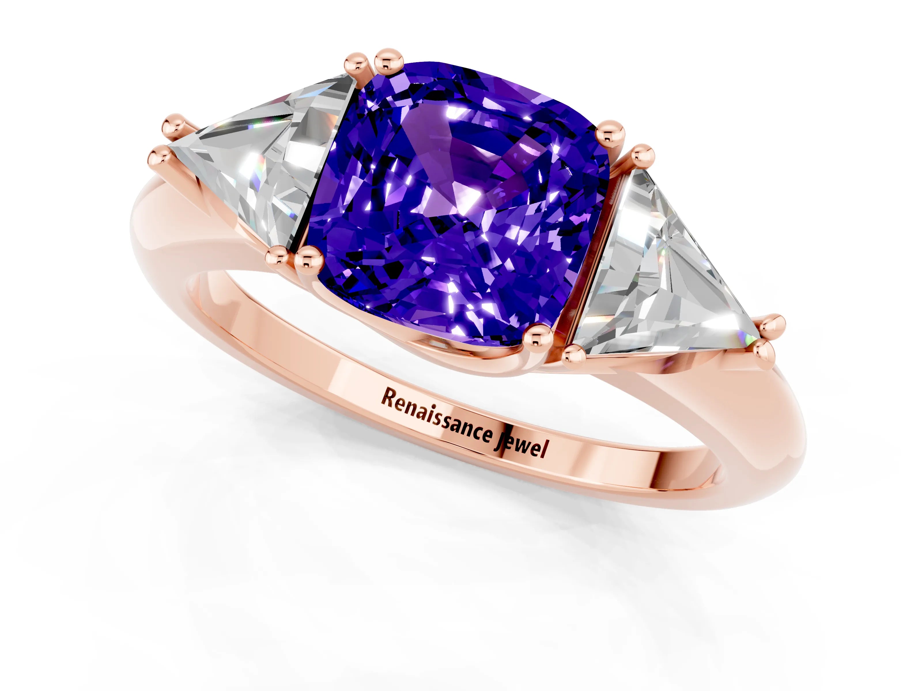 Rose gold Three-Stone Cushion Cut Cut Diamond Ring with Trillion Side Stones and Four-Prong Setting_1