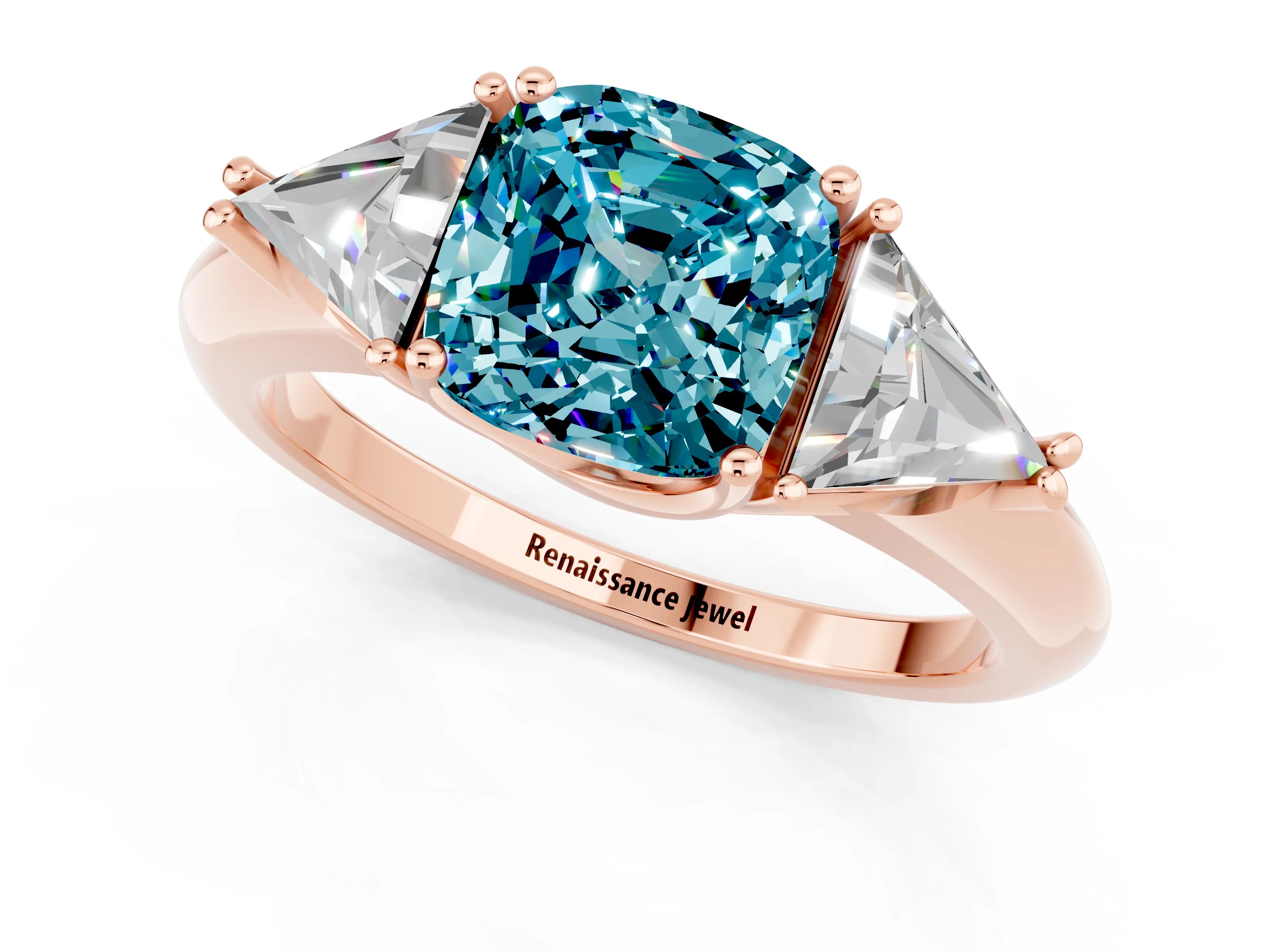 Rose gold Three-Stone Cushion Cut Cut Diamond Ring with Trillion Side Stones and Four-Prong Setting_1
