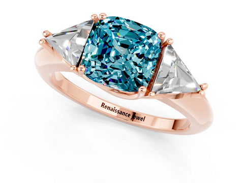 Rose gold Three-Stone Cushion Cut Cut Diamond Ring with Trillion Side Stones and Four-Prong Setting_1