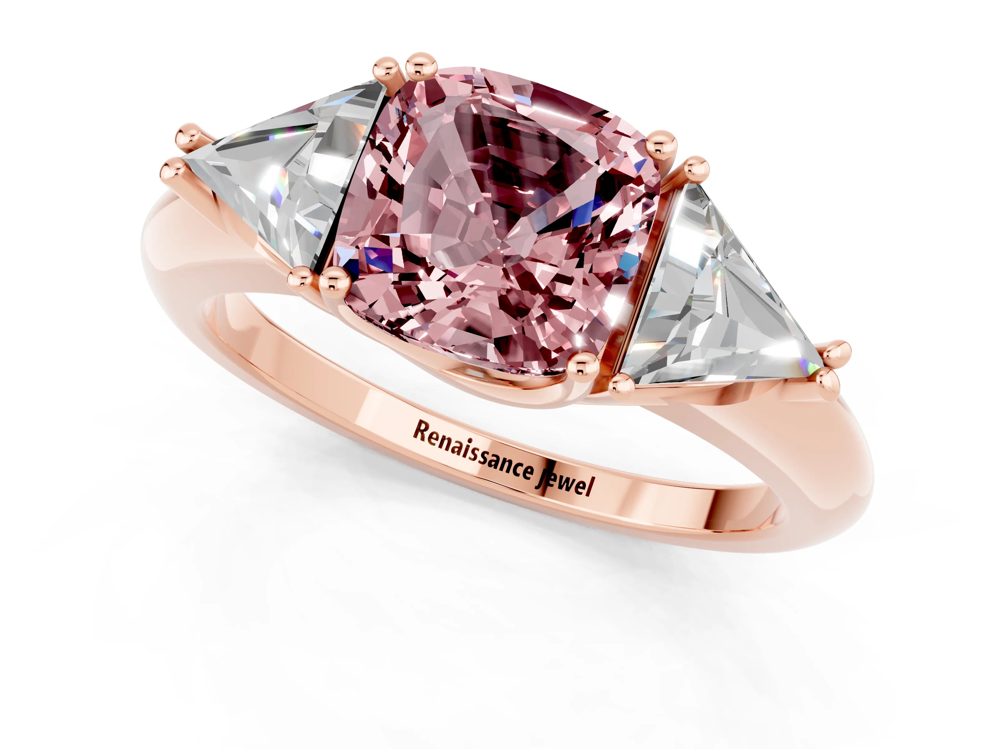 Rose gold Three-Stone Cushion Cut Cut Diamond Ring with Trillion Side Stones and Four-Prong Setting_1