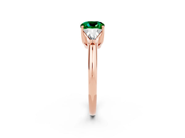 Rose gold Three-Stone Cushion Cut Emerald Engagement Ring with Trillion Side Stones and Prong Setting