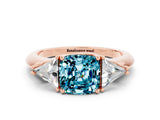 Rose gold Three-Stone Cushion Cut Cut Diamond Ring with Trillion Side Stones and Four-Prong Setting