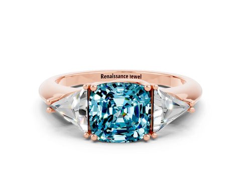 Rose gold Three-Stone Cushion Cut Cut Diamond Ring with Trillion Side Stones and Four-Prong Setting