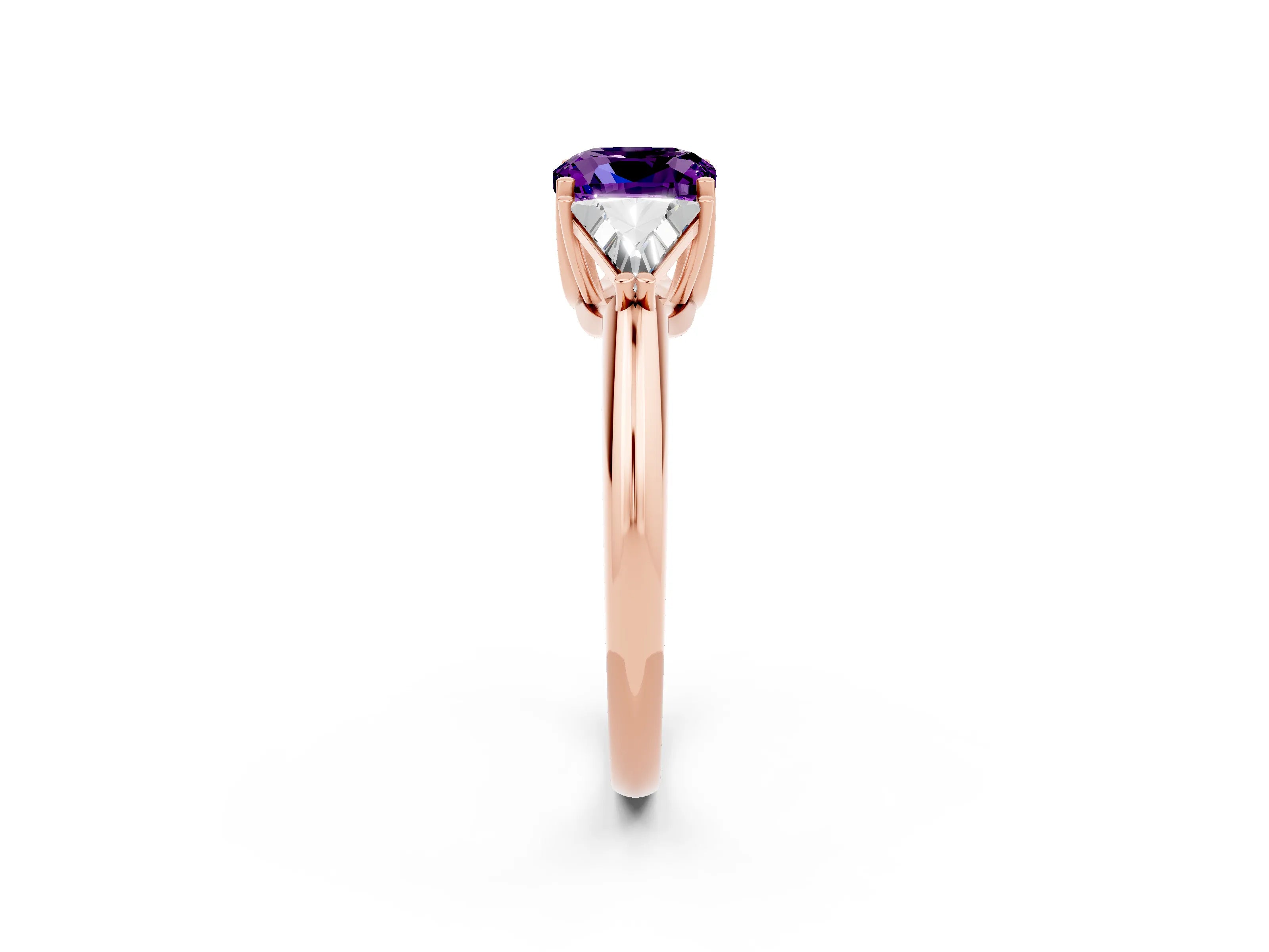 Rose gold Three-Stone Cushion Cut Cut Diamond Ring with Trillion Side Stones and Four-Prong Setting_2