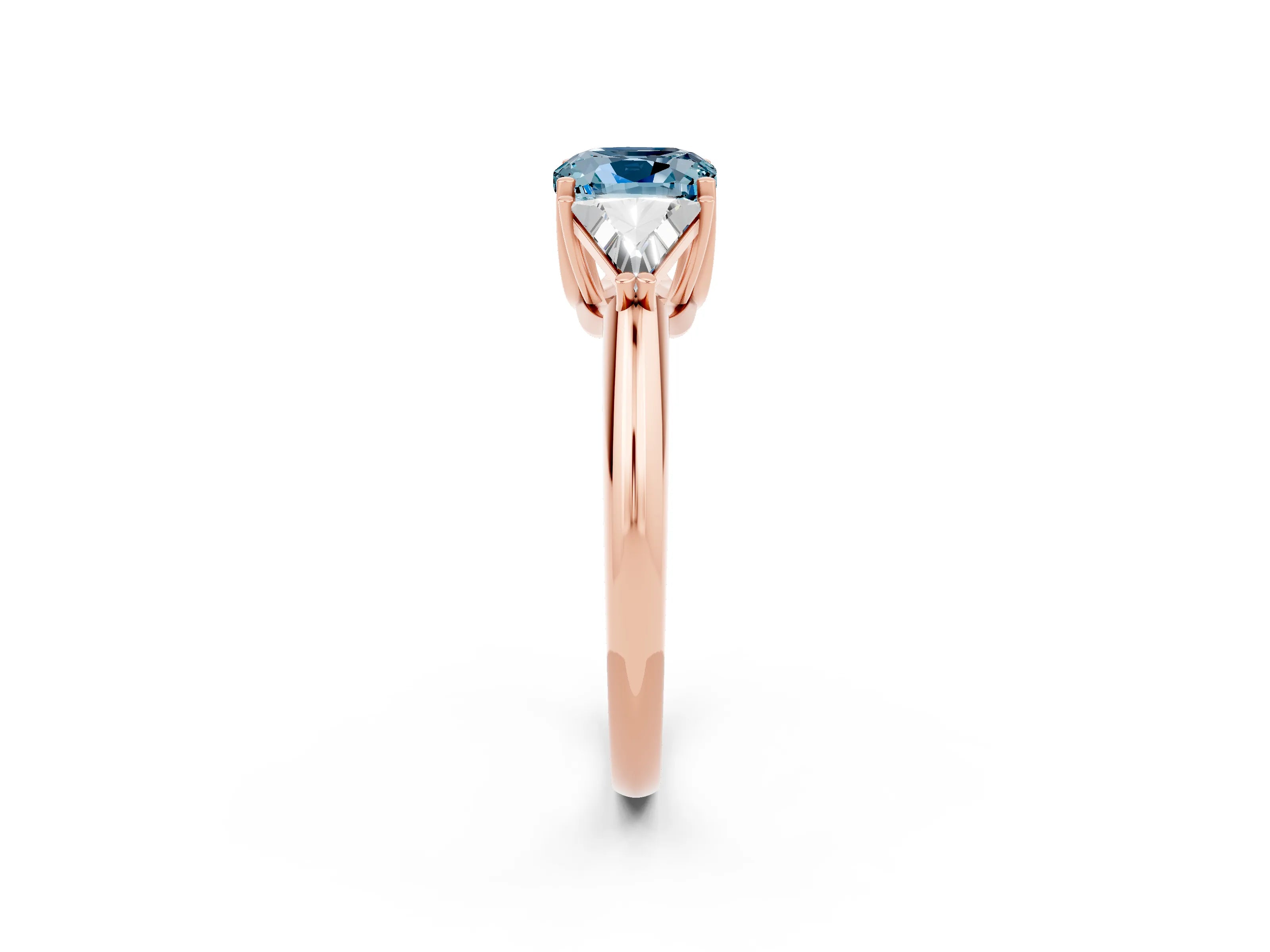 Rose gold Three-Stone Cushion Cut Cut Diamond Ring with Trillion Side Stones and Four-Prong Setting_2