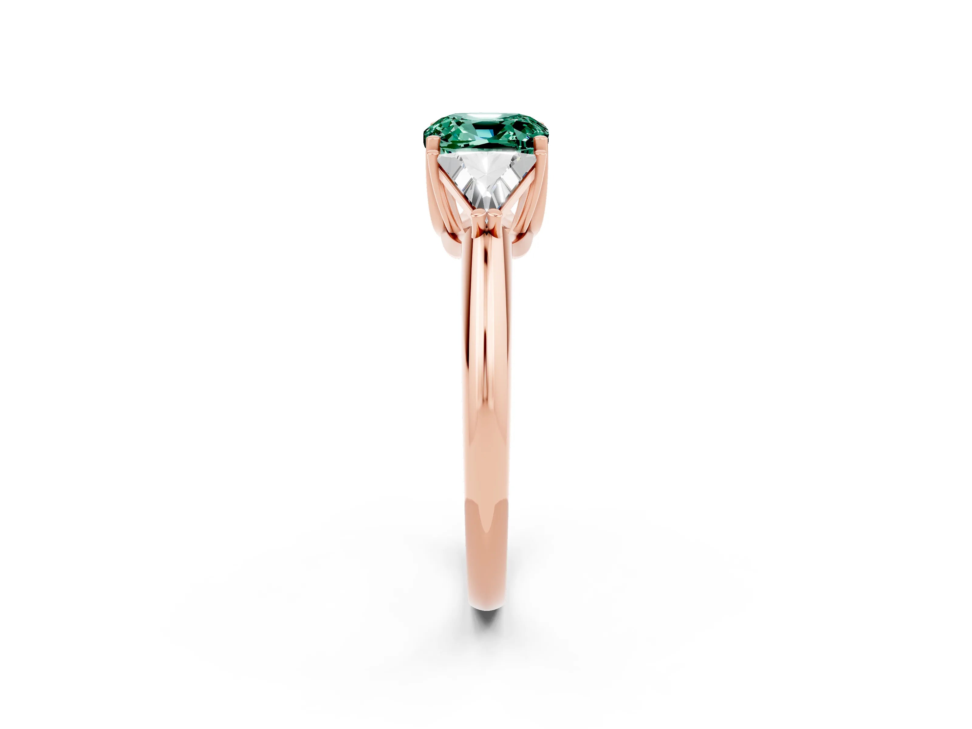 Rose gold Three-Stone Cushion Cut Cut Diamond Ring with Trillion Side Stones and Four-Prong Setting_2