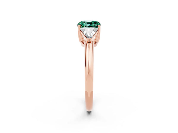 Rose gold Three-Stone Cushion Cut Green Sapphire Engagement Ring with Trillion Side Stones and Prong Setting