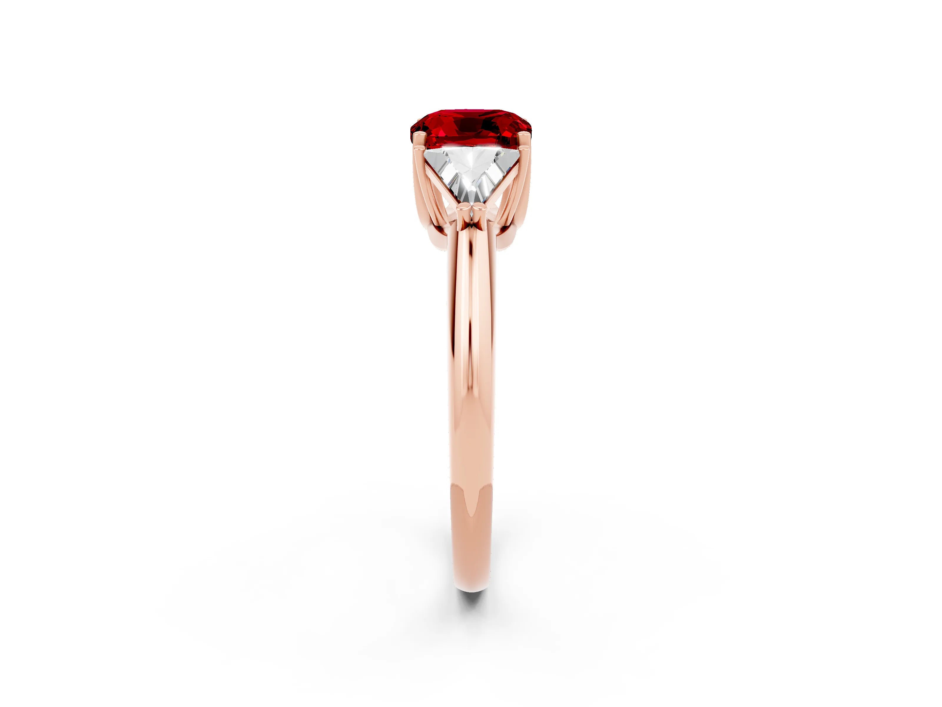 Rose gold Three-Stone Cushion Cut Cut Diamond Ring with Trillion Side Stones and Four-Prong Setting_2