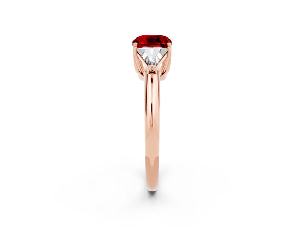 Rose gold Three-Stone Cushion Cut Cut Diamond Ring with Trillion Side Stones and Four-Prong Setting