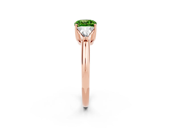 Rose gold Three-Stone Cushion Cut Cut Diamond Ring with Trillion Side Stones and Four-Prong Setting