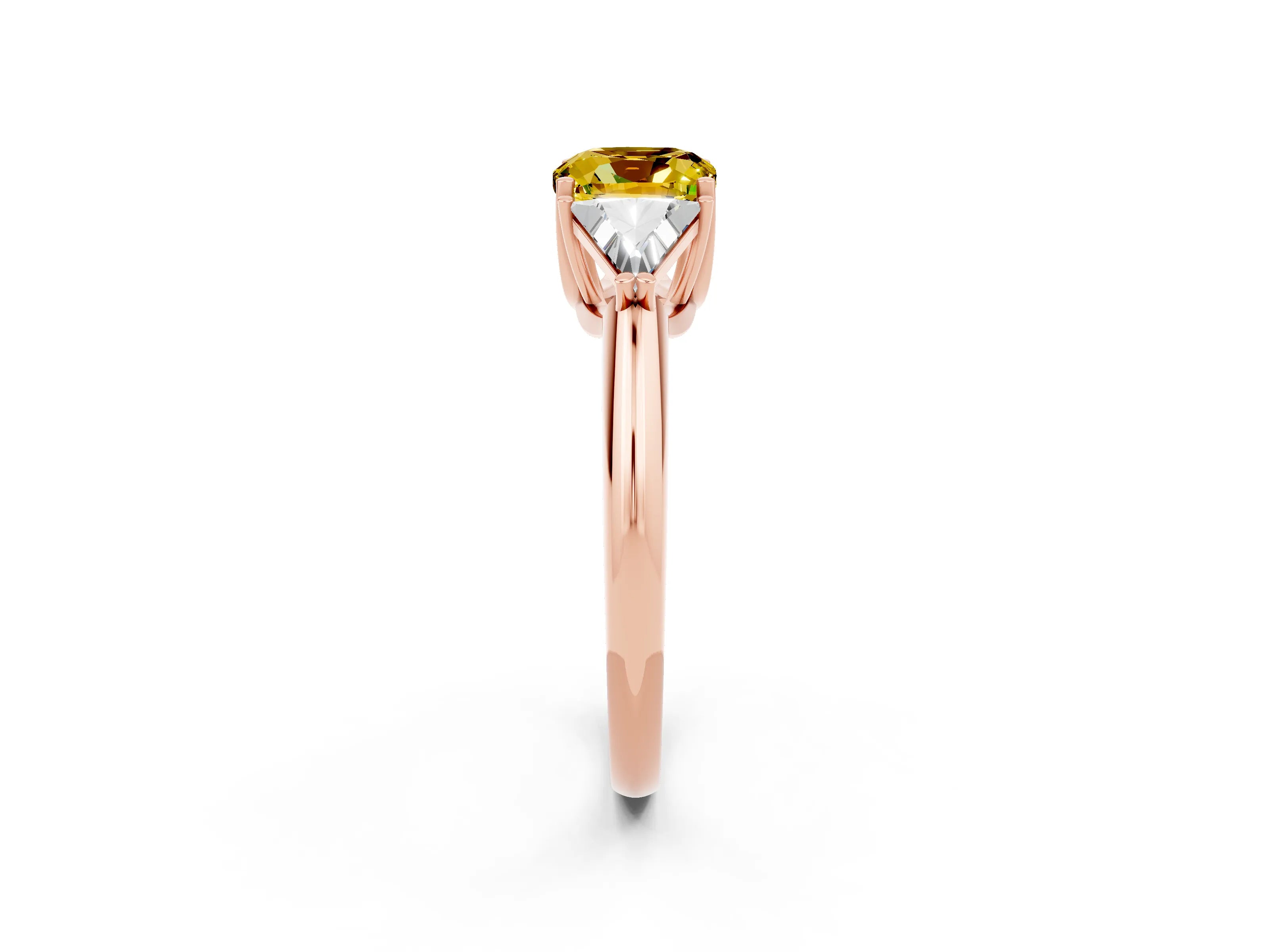 Rose gold Three-Stone Cushion Cut Cut Diamond Ring with Trillion Side Stones and Four-Prong Setting_2
