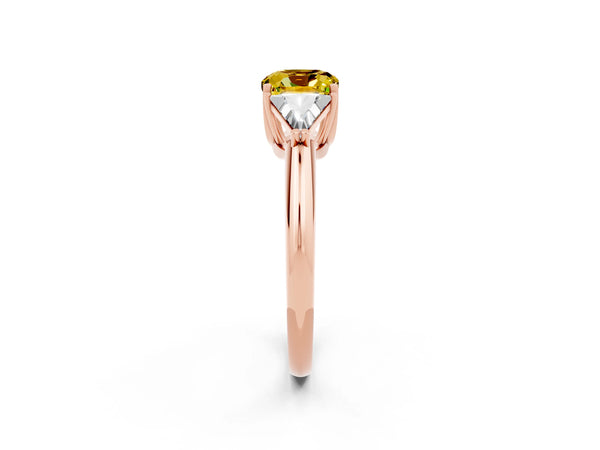 Rose gold Three-Stone Cushion Cut Yellow Sapphire Engagement Ring with Trillion Side Stones and Prong Setting