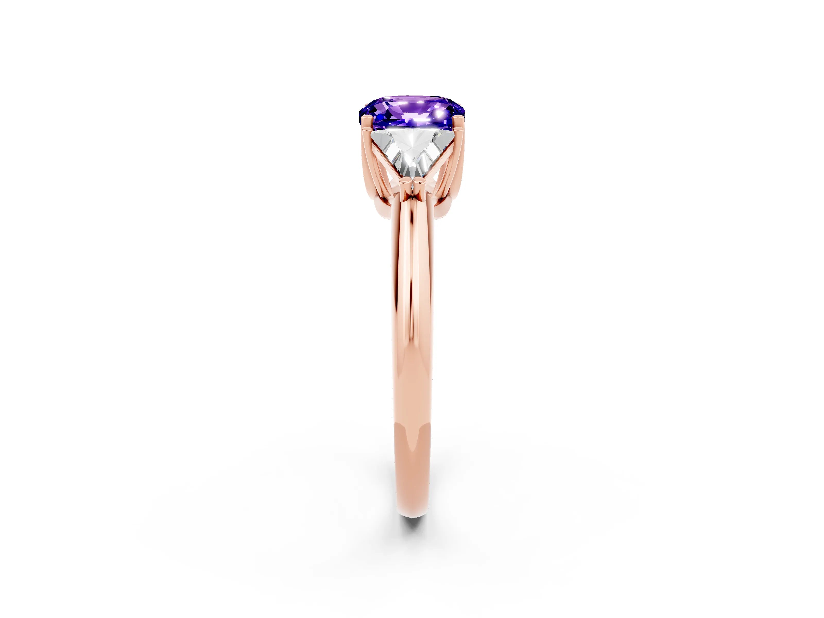 Rose gold Three-Stone Cushion Cut Cut Diamond Ring with Trillion Side Stones and Four-Prong Setting_2