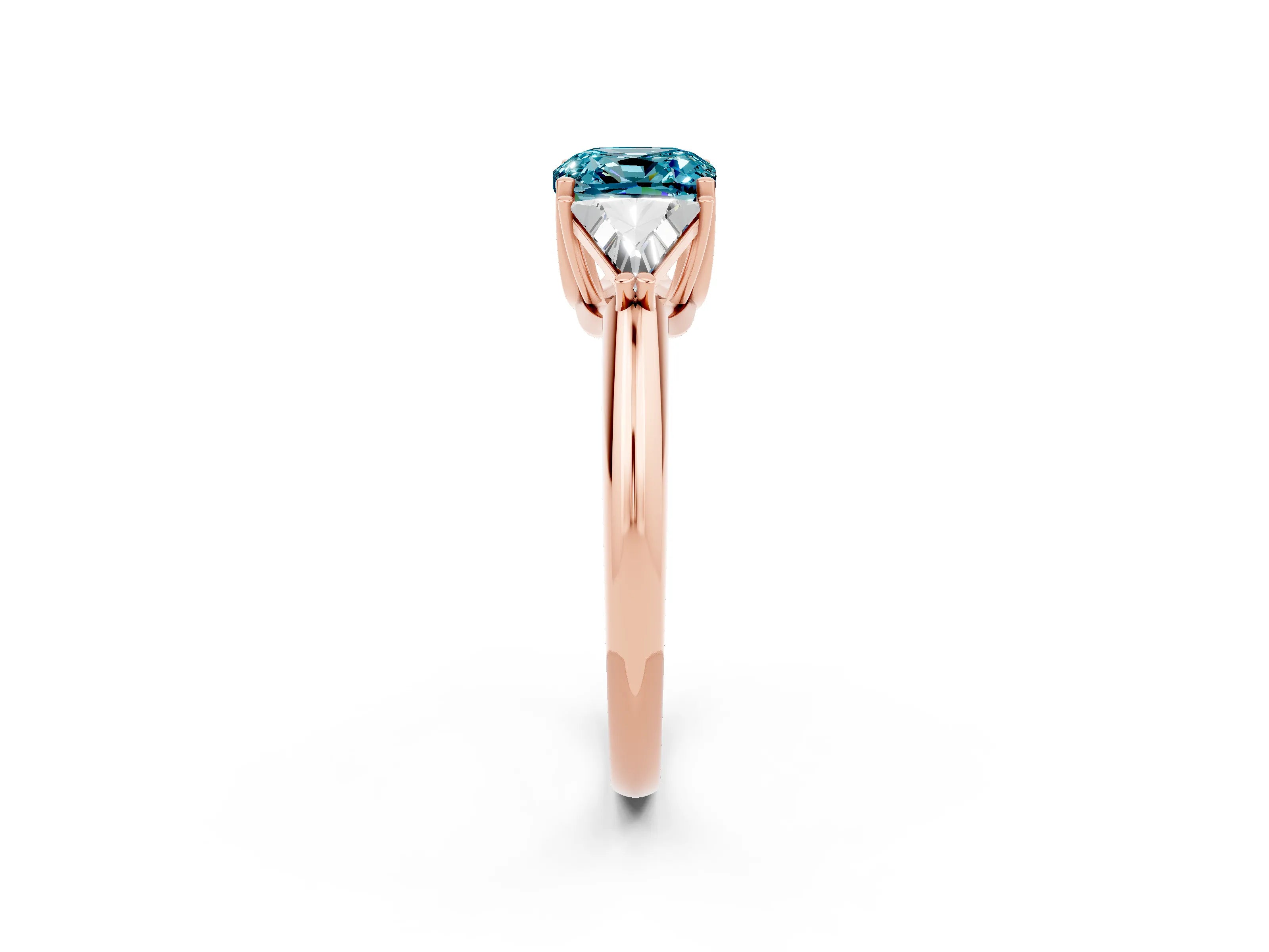 Rose gold Three-Stone Cushion Cut Cut Diamond Ring with Trillion Side Stones and Four-Prong Setting_2