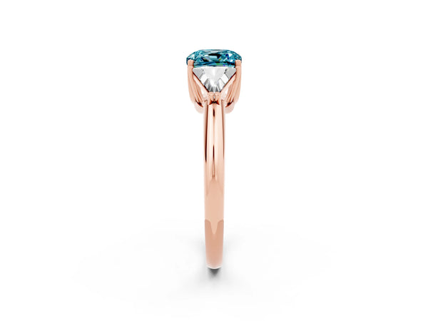 Rose gold Three-Stone Cushion Cut Cut Diamond Ring with Trillion Side Stones and Four-Prong Setting