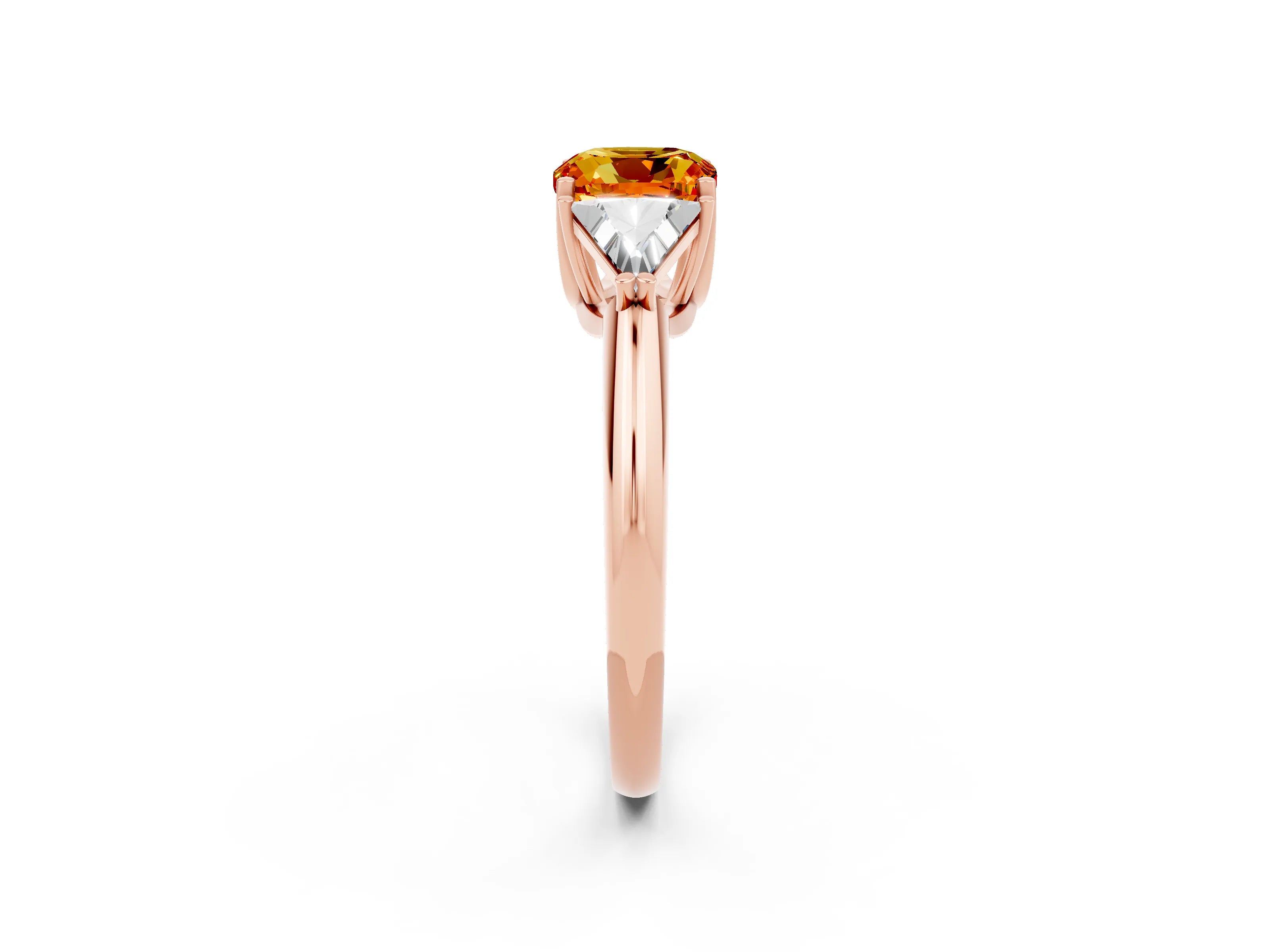 Rose gold Three-Stone Cushion Cut Cut Diamond Ring with Trillion Side Stones and Four-Prong Setting_2