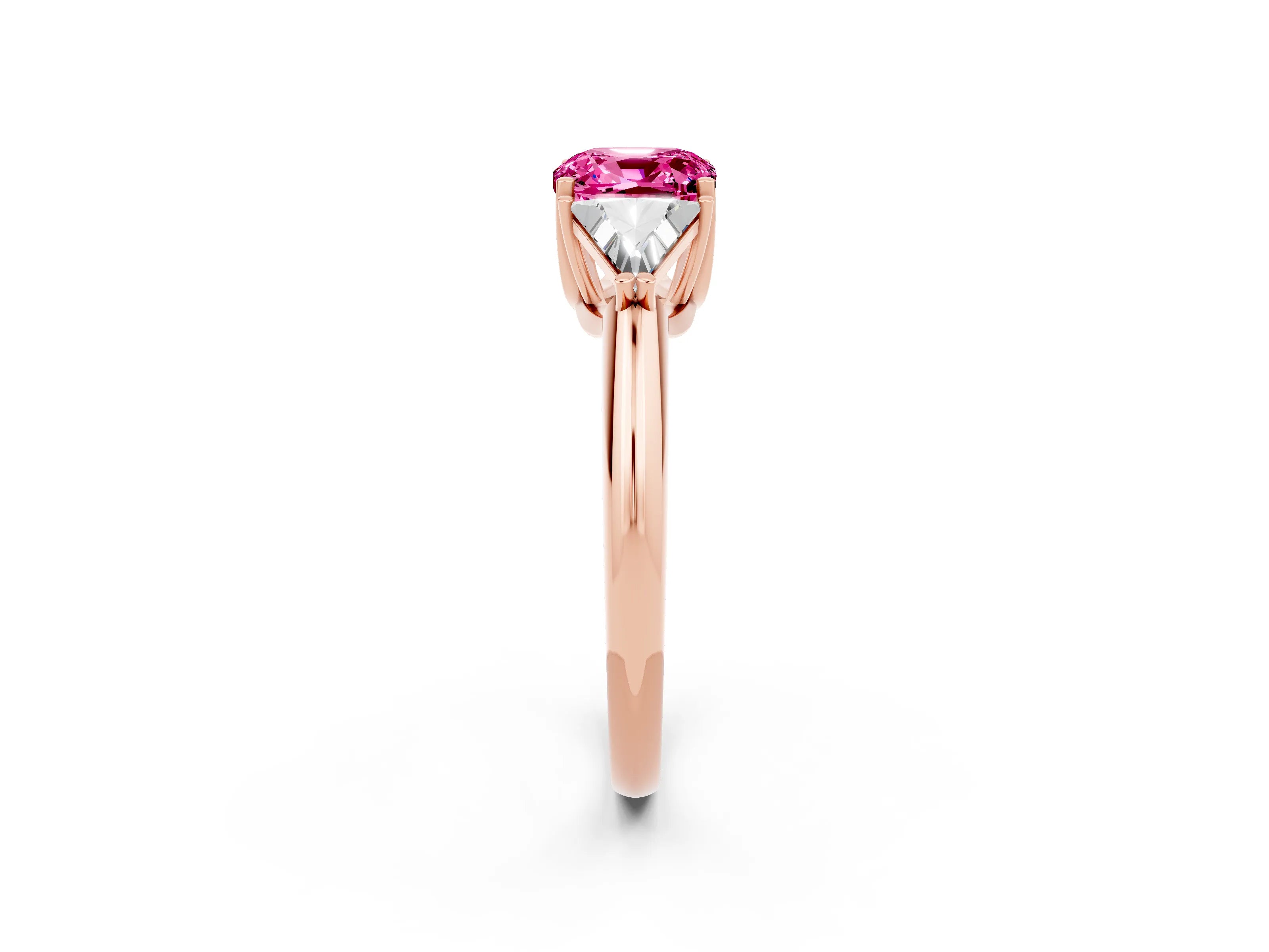 Rose gold Three-Stone Cushion Cut Cut Diamond Ring with Trillion Side Stones and Four-Prong Setting_2