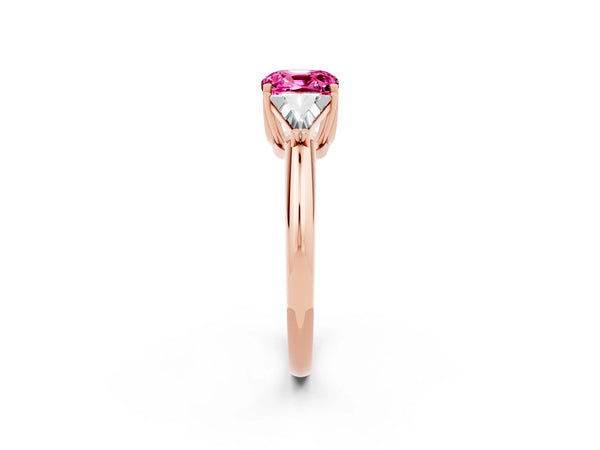 Rose gold Three-Stone Cushion Cut Cut Diamond Ring with Trillion Side Stones and Four-Prong Setting