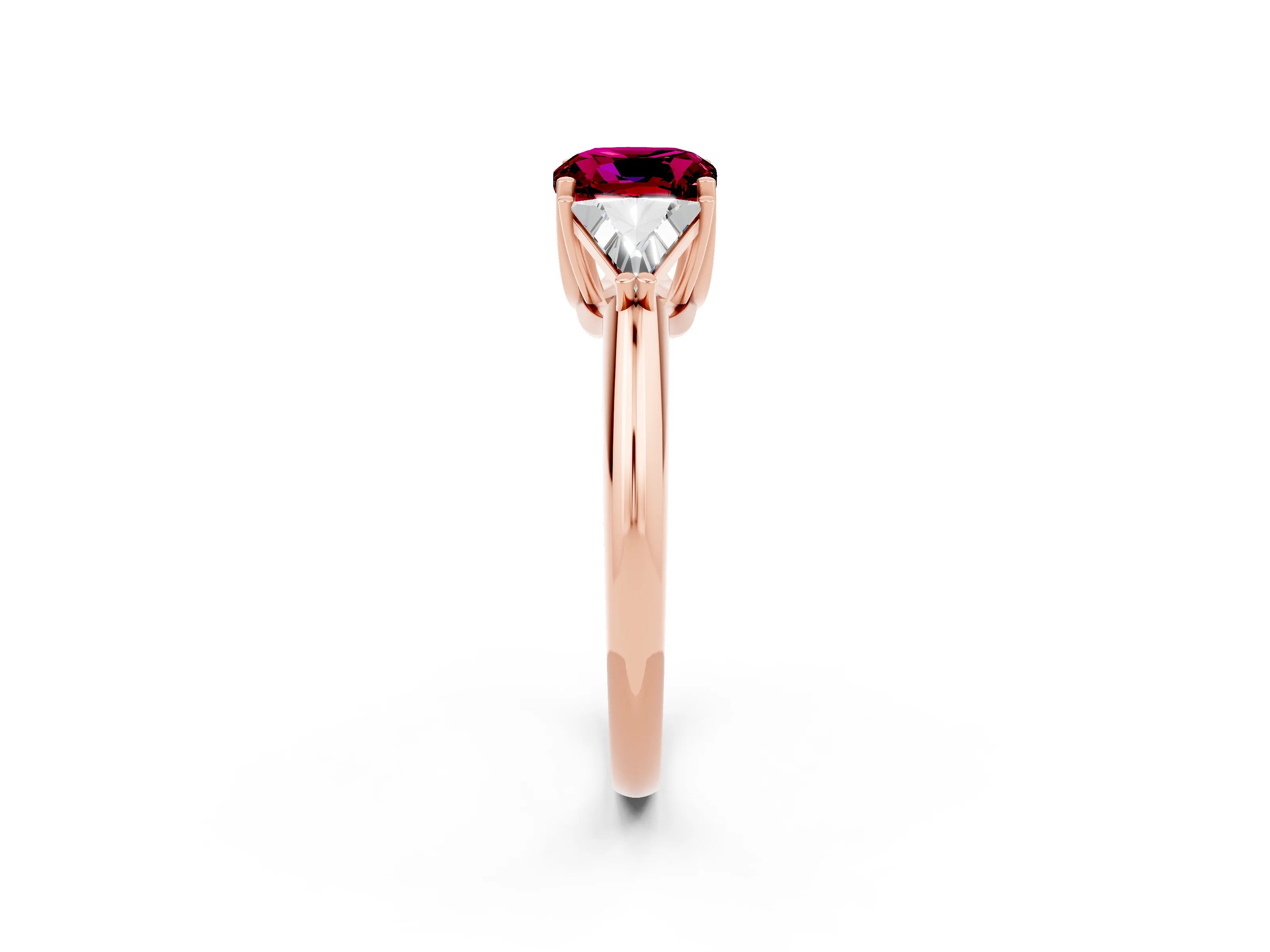 Rose gold Three-Stone Cushion Cut Cut Diamond Ring with Trillion Side Stones and Four-Prong Setting_2