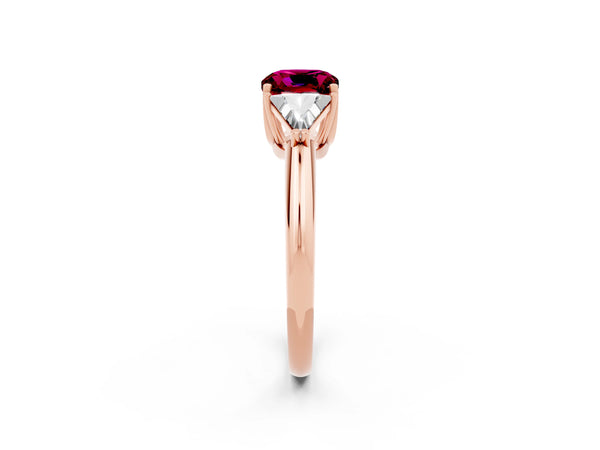 Rose gold Three-Stone Cushion Cut Garnet Engagement Ring with Trillion Side Stones and Prong Setting