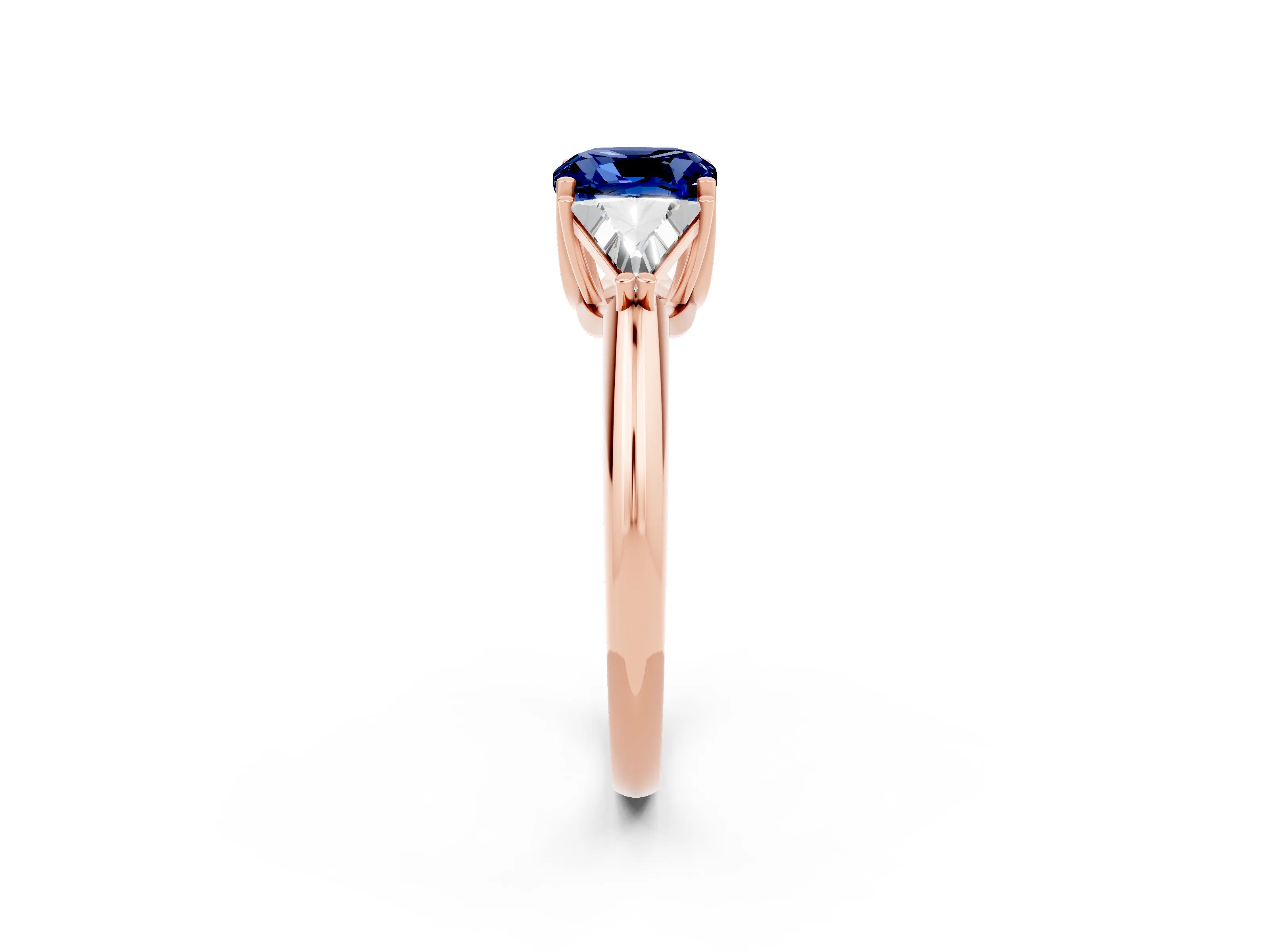 Rose gold Three-Stone Cushion Cut Cut Diamond Ring with Trillion Side Stones and Four-Prong Setting_2