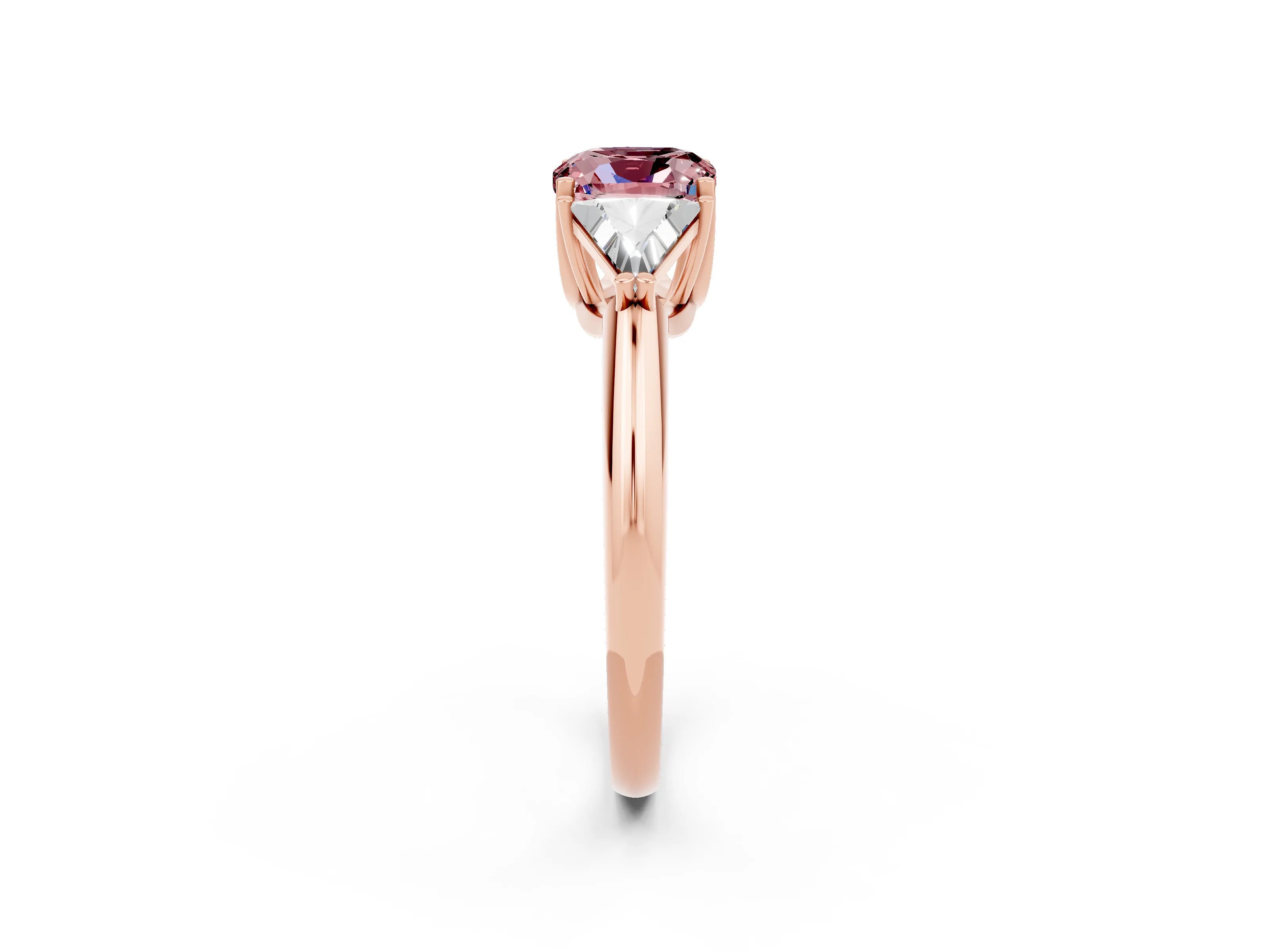 Rose gold Three-Stone Cushion Cut Cut Diamond Ring with Trillion Side Stones and Four-Prong Setting_2
