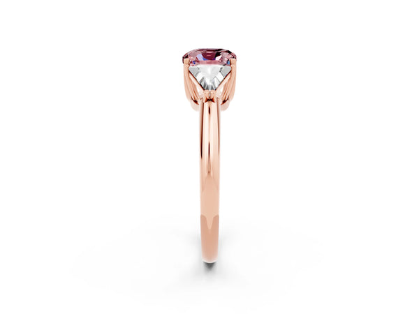 Rose gold Three-Stone Cushion Cut Cut Diamond Ring with Trillion Side Stones and Four-Prong Setting