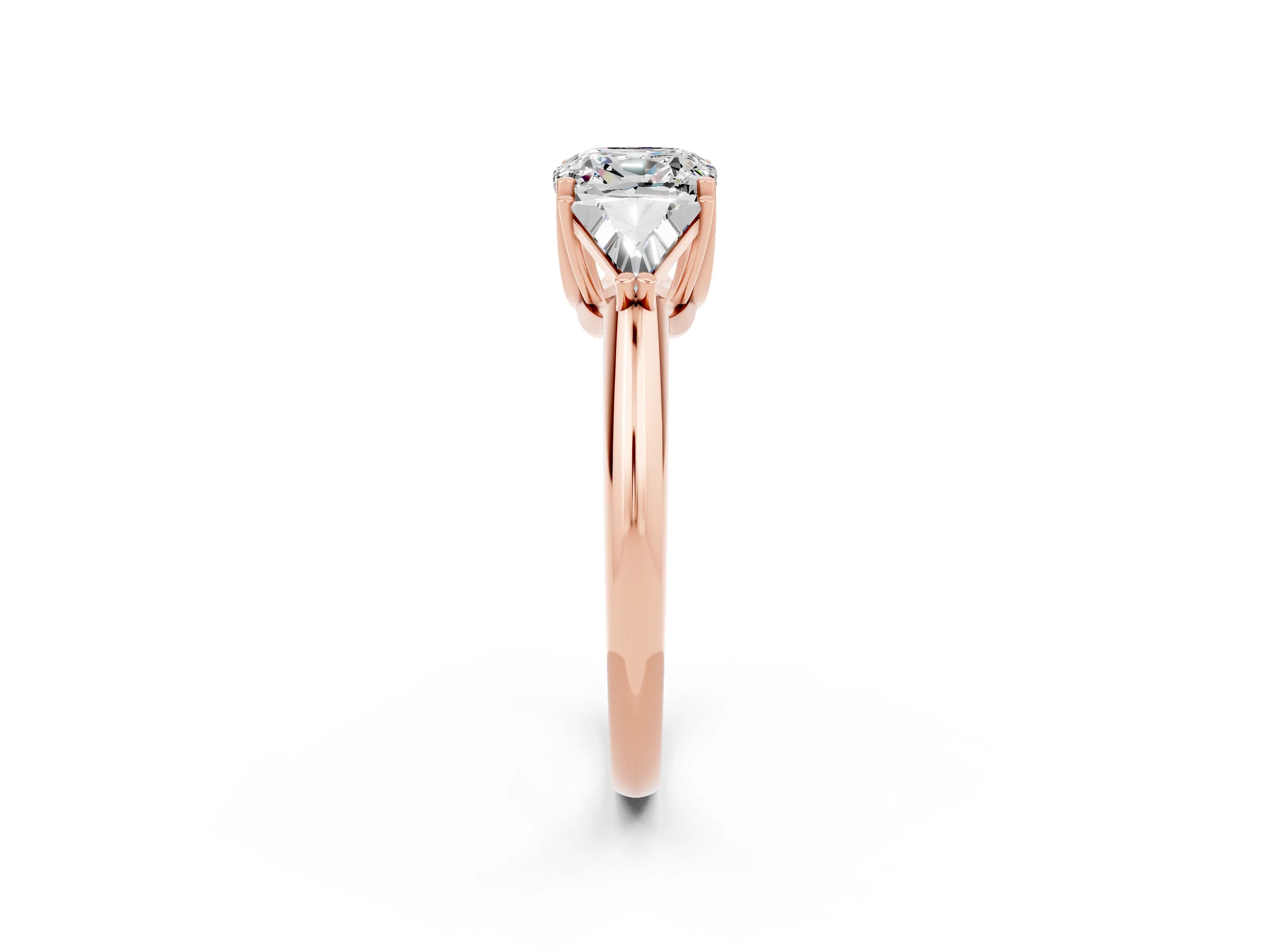 Rose gold Three-Stone Cushion Cut Cut Diamond Ring with Trillion Side Stones and Four-Prong Setting_2