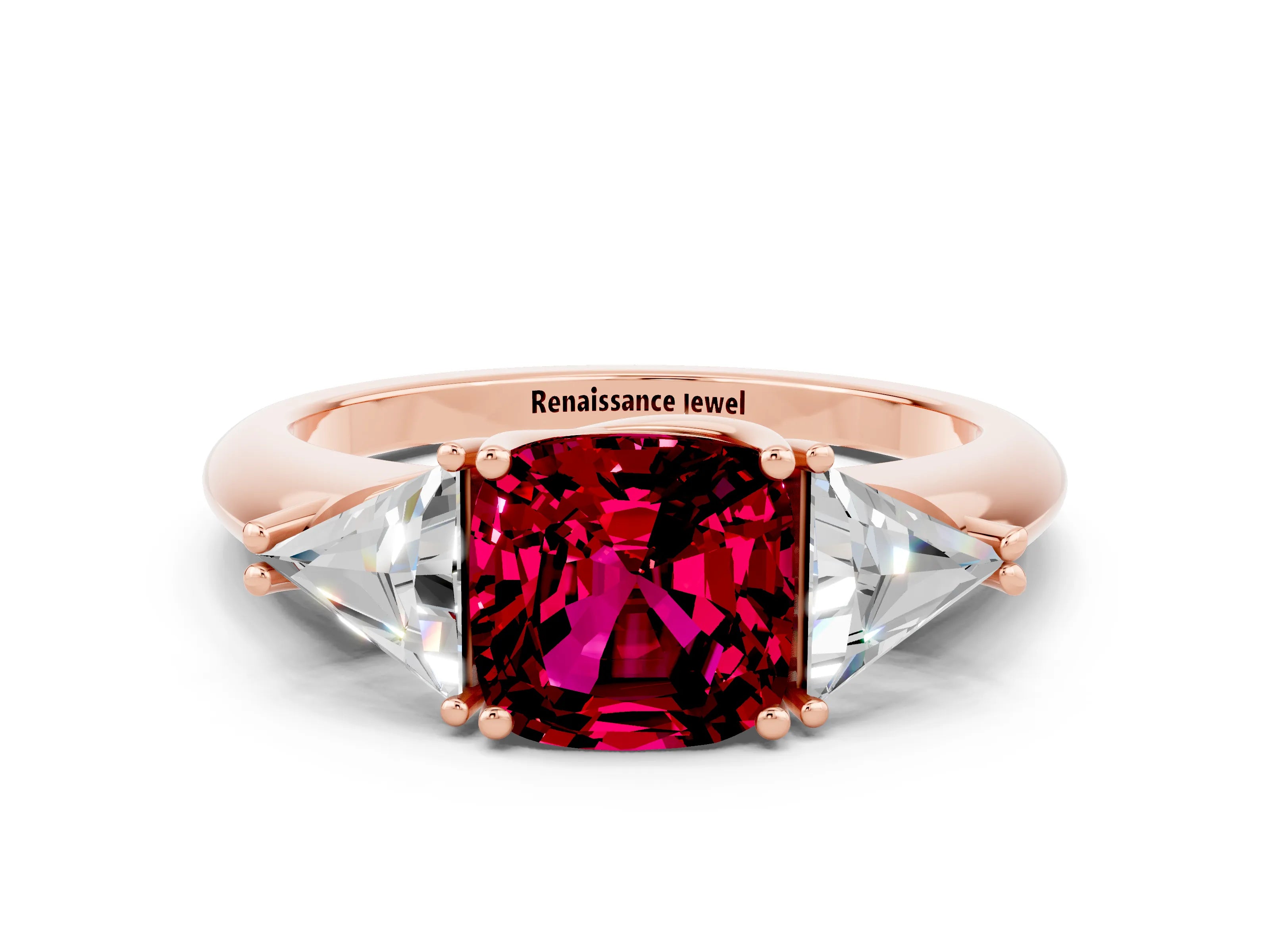 Rose gold Three-Stone Cushion Cut Cut Diamond Ring with Trillion Side Stones and Four-Prong Setting