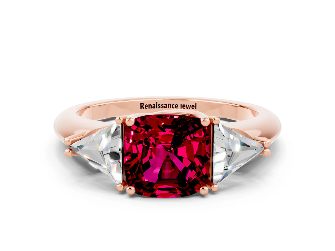 Rose gold Three-Stone Cushion Cut Cut Diamond Ring with Trillion Side Stones and Four-Prong Setting