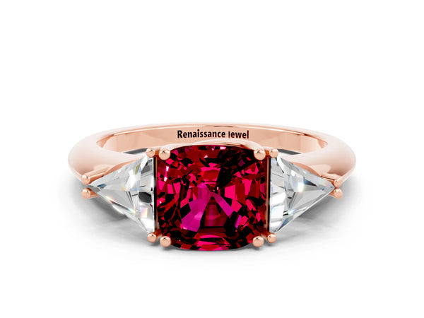 Rose gold Three-Stone Cushion Cut Garnet Engagement Ring with Trillion Side Stones and Prong Setting