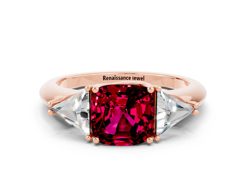 Rose gold Three-Stone Cushion Cut Cut Diamond Ring with Trillion Side Stones and Four-Prong Setting