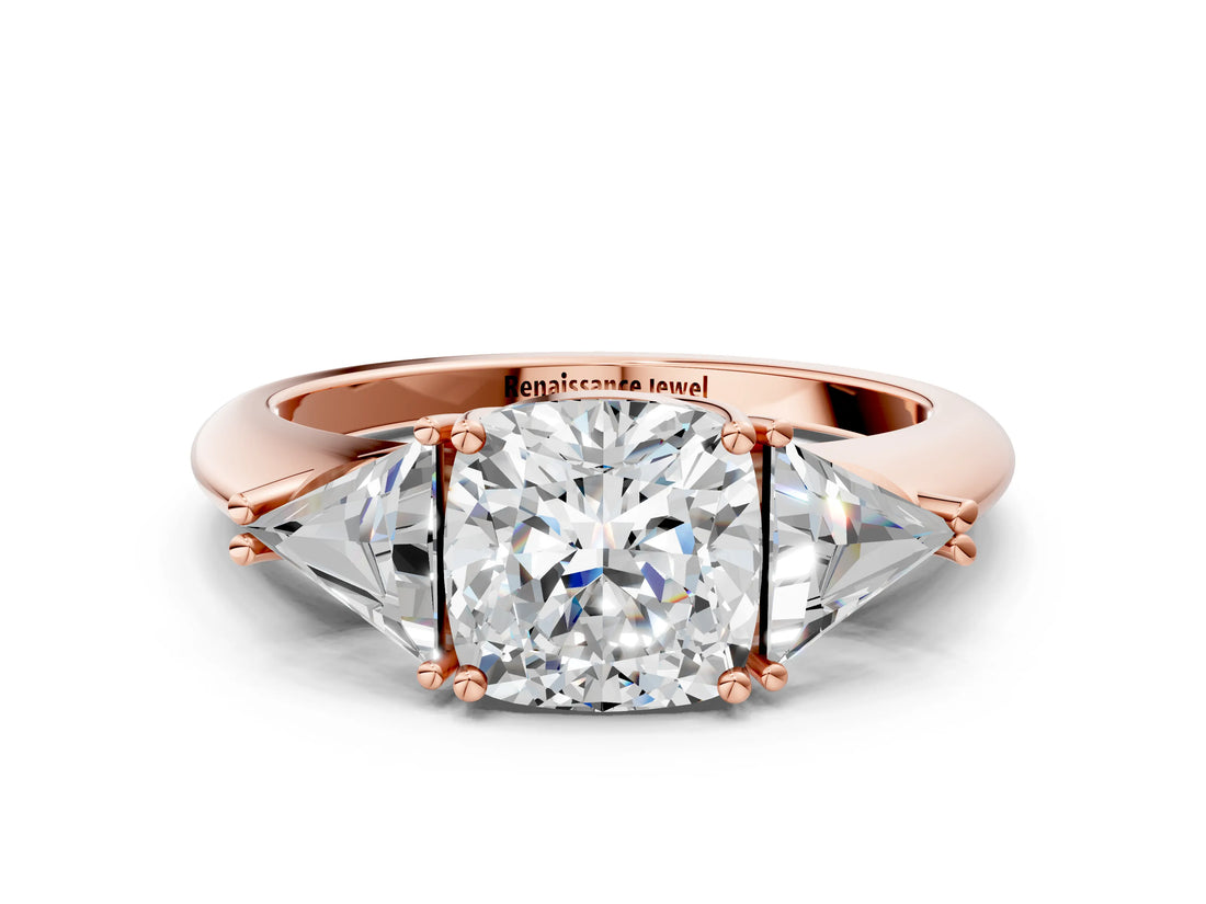 Rose gold Three-Stone Cushion Cut Cut Diamond Ring with Trillion Side Stones and Four-Prong Setting_3