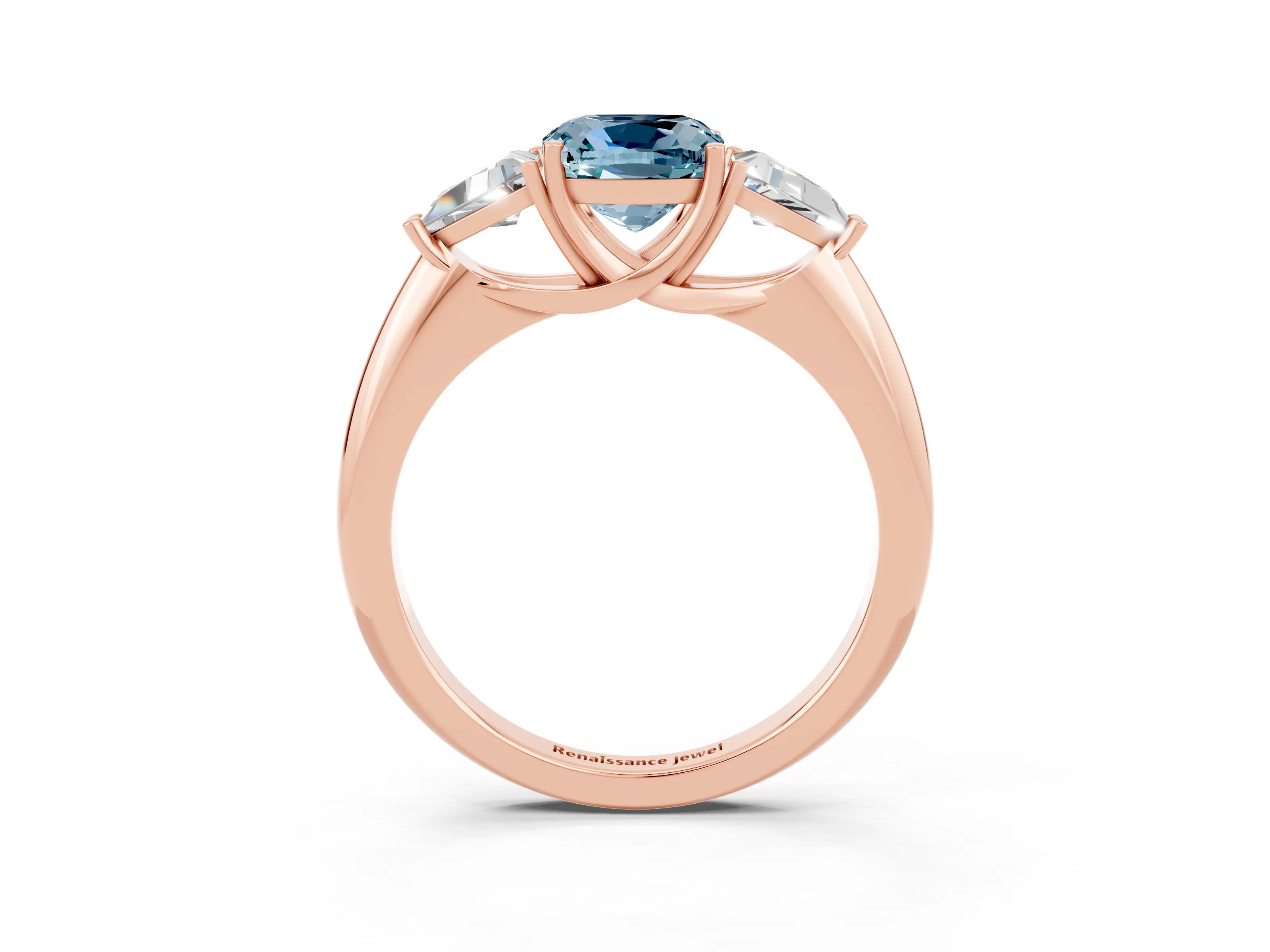 Rose gold Three-Stone Cushion Cut Cut Diamond Ring with Trillion Side Stones and Four-Prong Setting_3