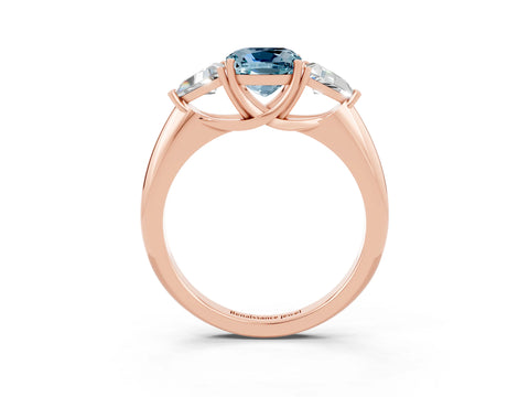 Rose gold Three-Stone Cushion Cut Cut Diamond Ring with Trillion Side Stones and Four-Prong Setting_3