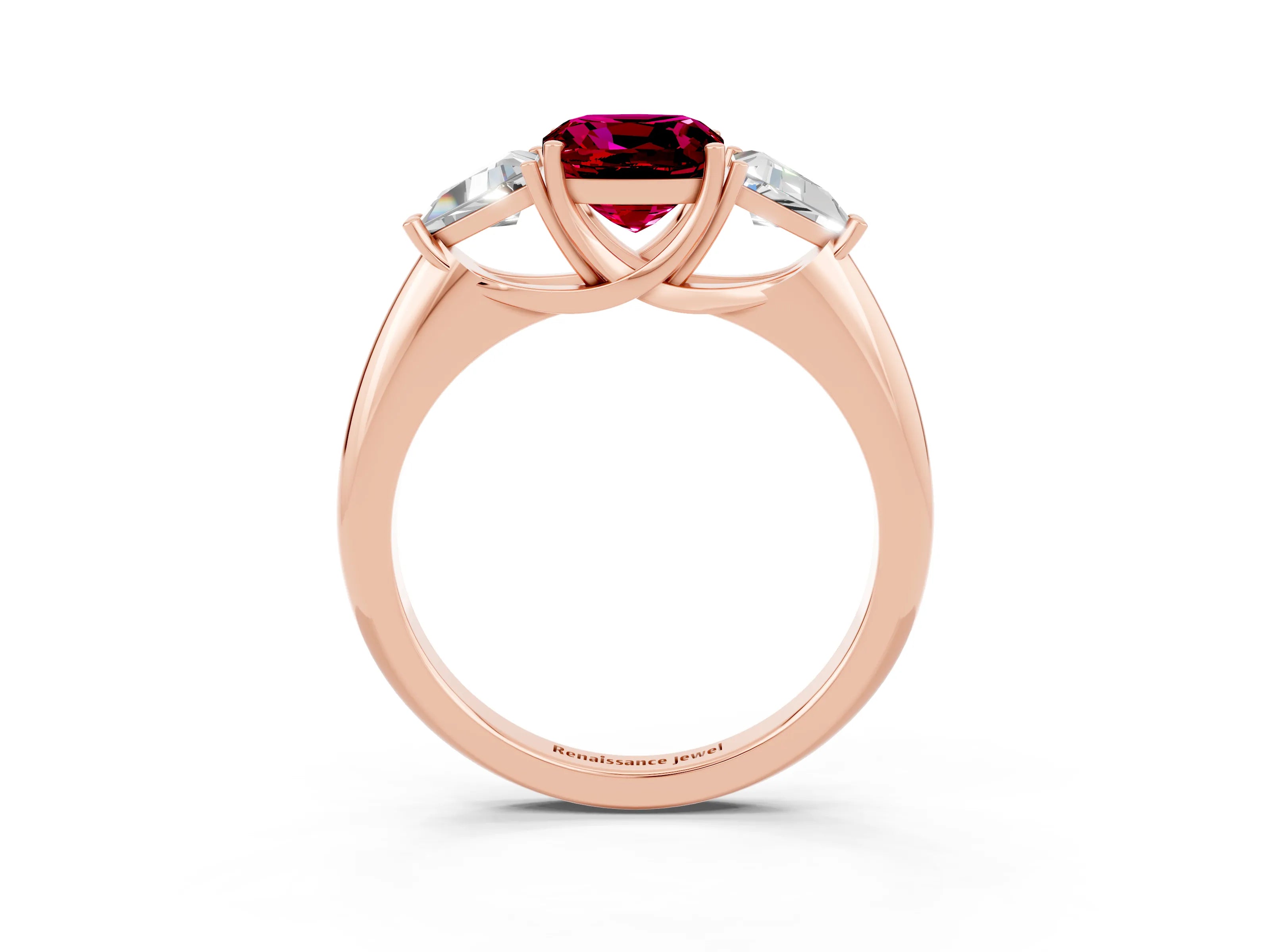 Rose gold Three-Stone Cushion Cut Cut Diamond Ring with Trillion Side Stones and Four-Prong Setting_3