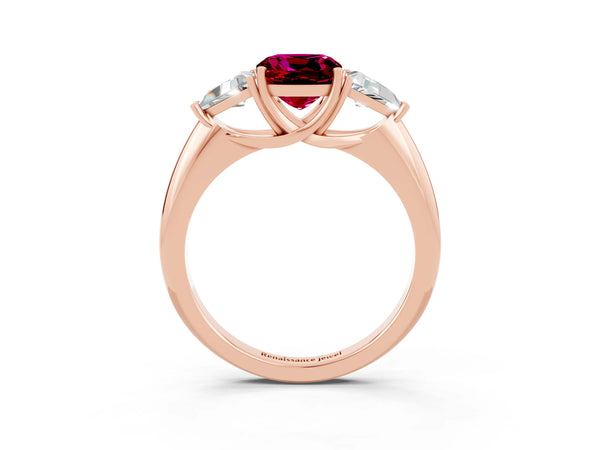 Rose gold Three-Stone Cushion Cut Garnet Engagement Ring with Trillion Side Stones and Prong Setting