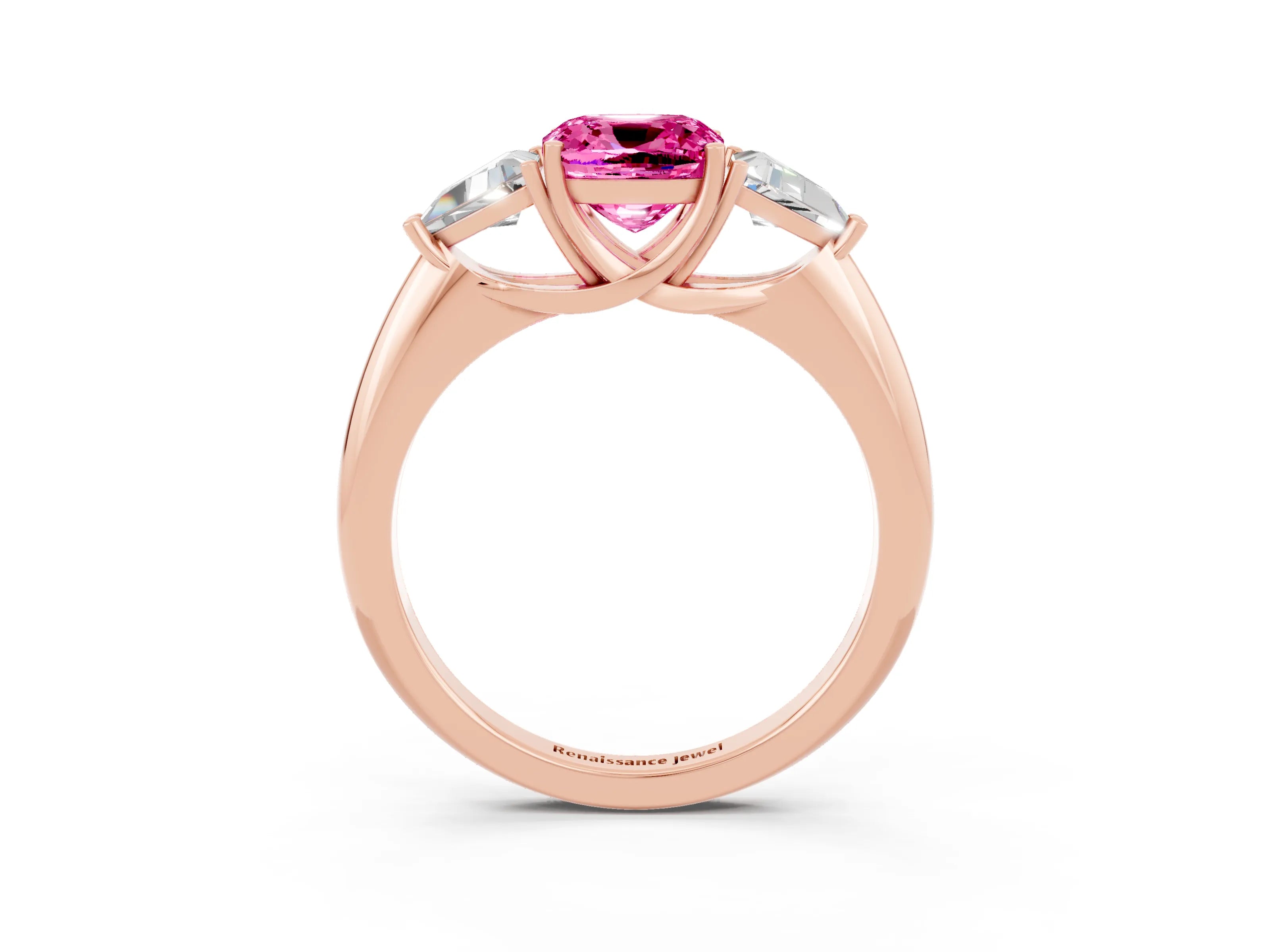 Rose gold Three-Stone Cushion Cut Cut Diamond Ring with Trillion Side Stones and Four-Prong Setting_3