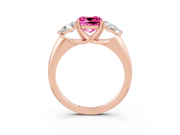 Rose gold Three-Stone Cushion Cut Cut Diamond Ring with Trillion Side Stones and Four-Prong Setting