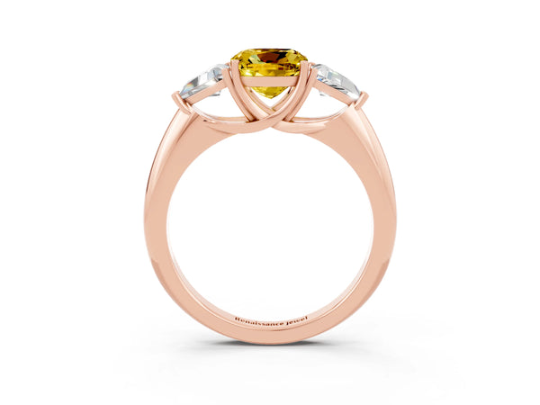 Rose gold Three-Stone Cushion Cut Yellow Sapphire Engagement Ring with Trillion Side Stones and Prong Setting