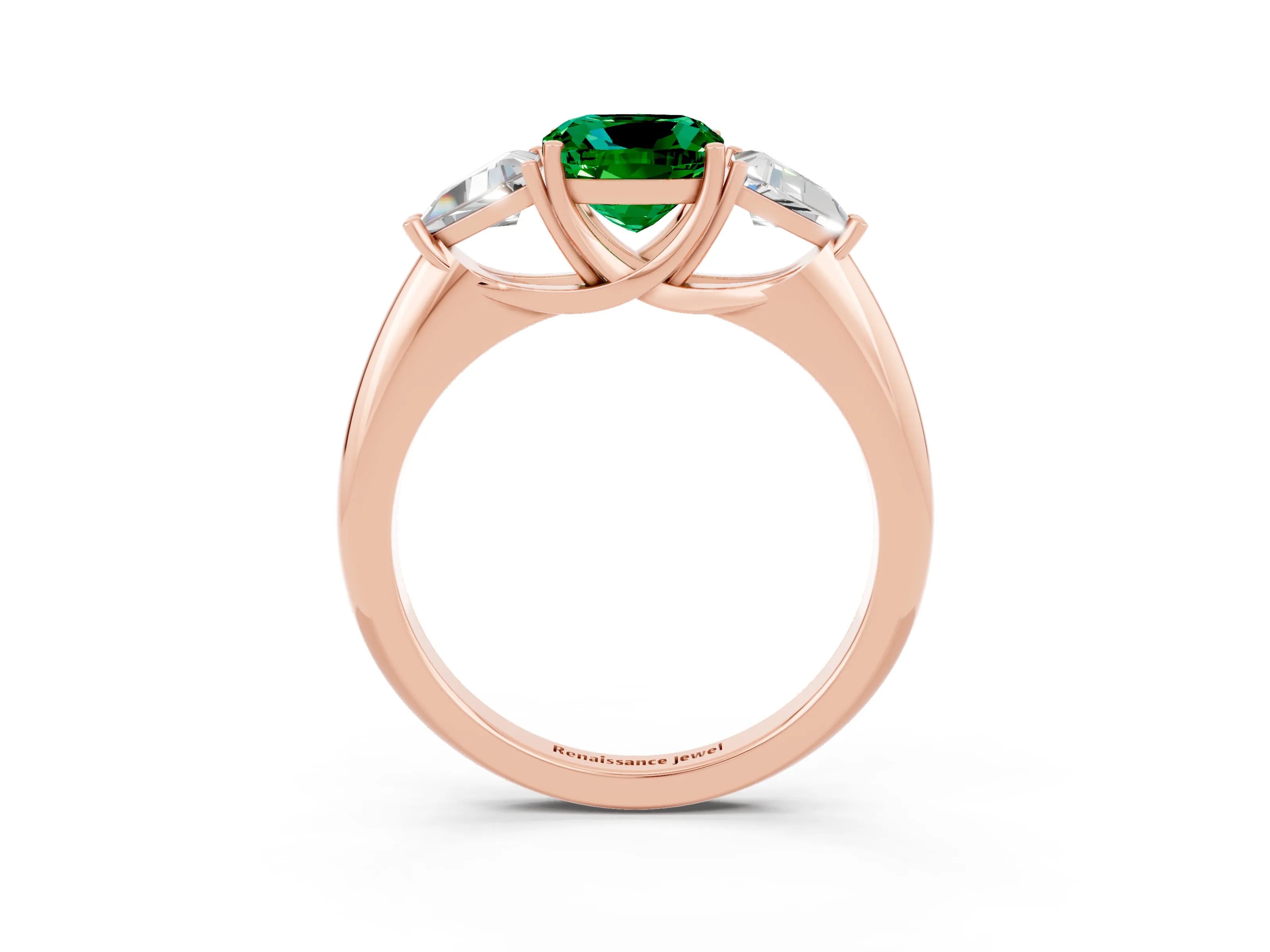 Rose gold Three-Stone Cushion Cut Cut Diamond Ring with Trillion Side Stones and Four-Prong Setting_3
