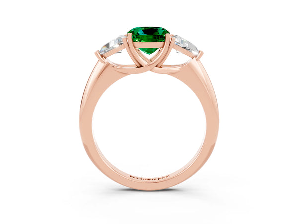 Rose gold Three-Stone Cushion Cut Emerald Engagement Ring with Trillion Side Stones and Prong Setting