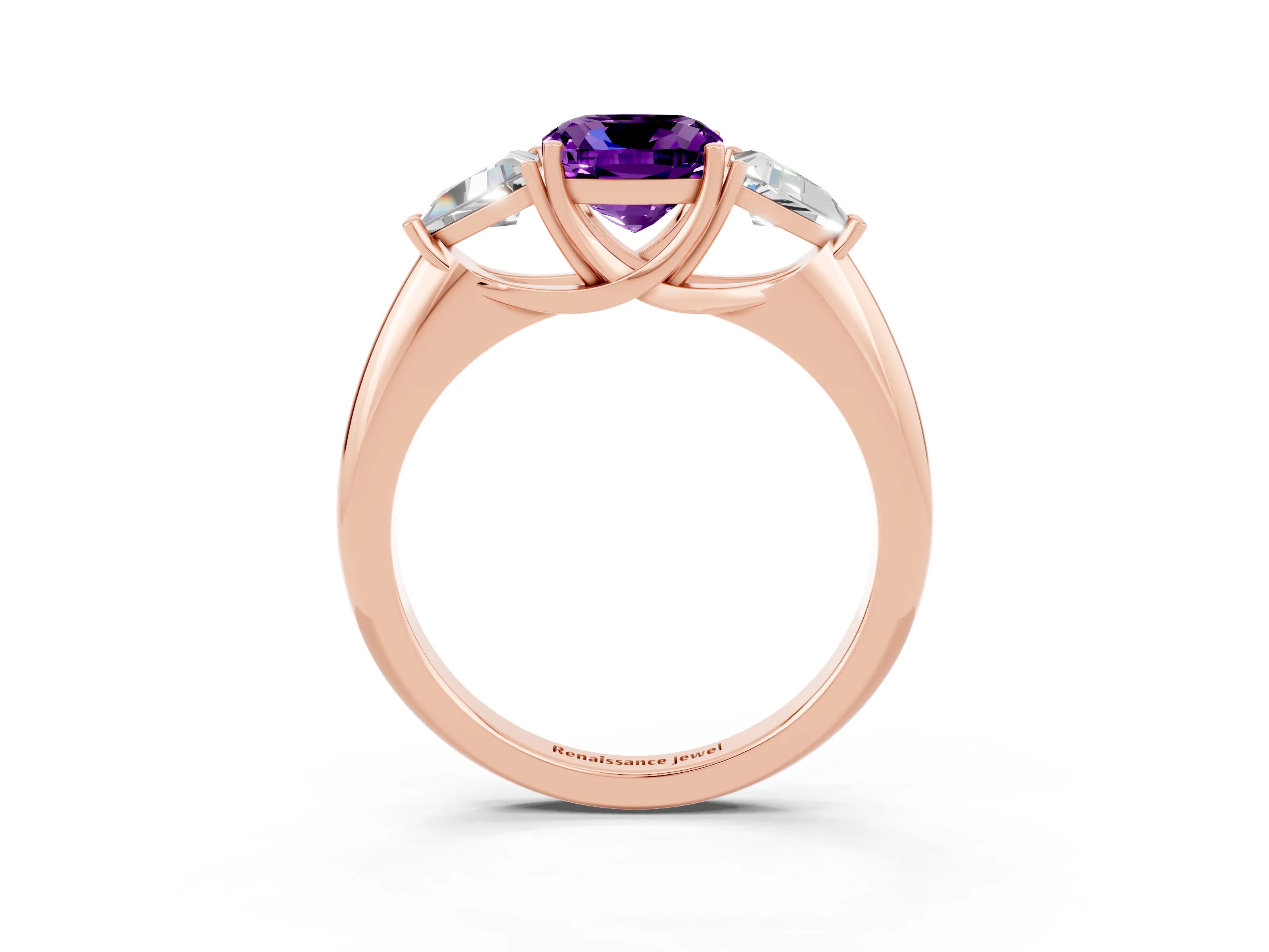 Rose gold Three-Stone Cushion Cut Cut Diamond Ring with Trillion Side Stones and Four-Prong Setting_3