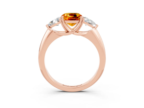 Rose gold Three-Stone Cushion Cut Citrine Engagement Ring with Trillion Side Stones and Prong Setting