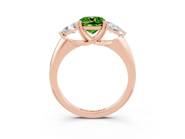 Rose gold Three-Stone Cushion Cut Cut Diamond Ring with Trillion Side Stones and Four-Prong Setting